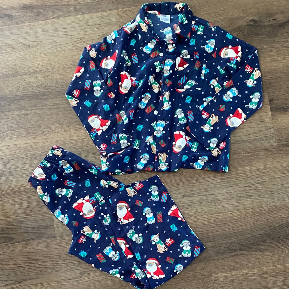 Lands' End Kids Dog Car Flannel Pajama Set - Navy Santa Pets